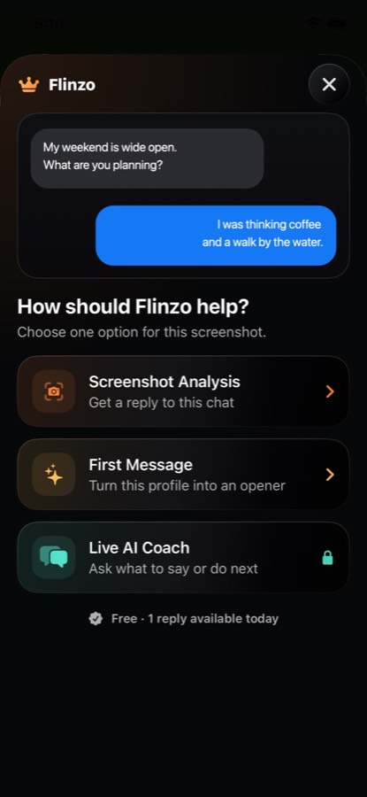 Flinzo Share Extension offering Screenshot Analysis, First Message, and Live AI Coach
