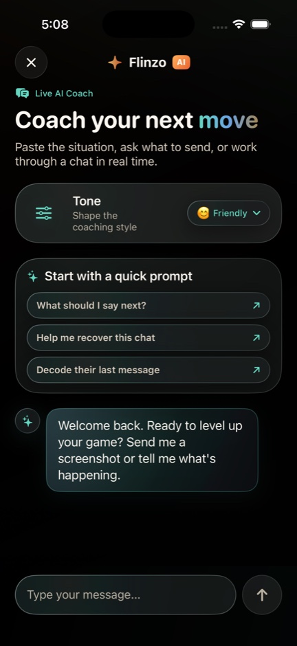 Flinzo Live AI Coach screen